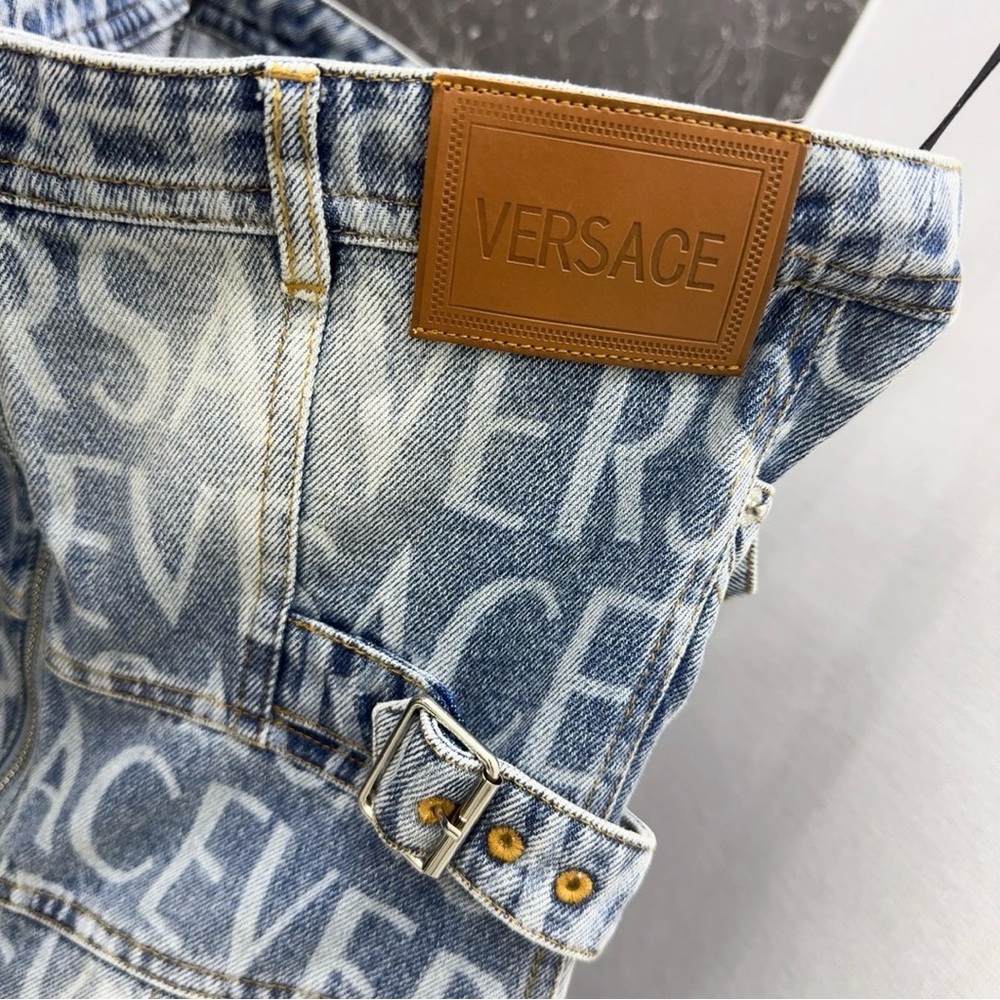 Versace Light Blue Logo-Printed Strapless Denim Mini Dress - Picture 8 of 9